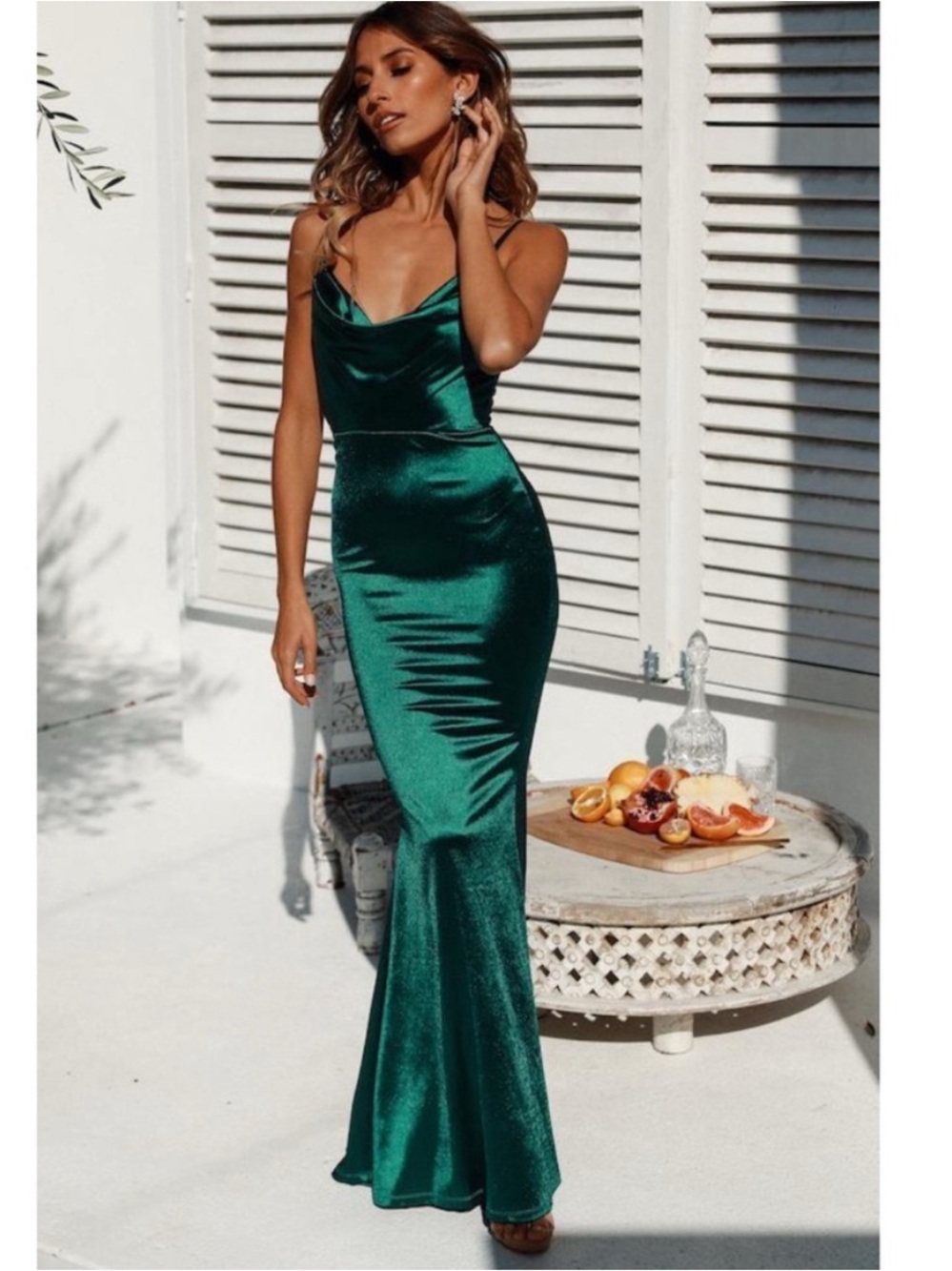 Hello Molly Emerald Green Satin Cowl Neck Maxi Dress